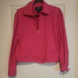 Lauren Ralph Womans Pink Bomber Jacket Lightweight Front Zipper Button Detail